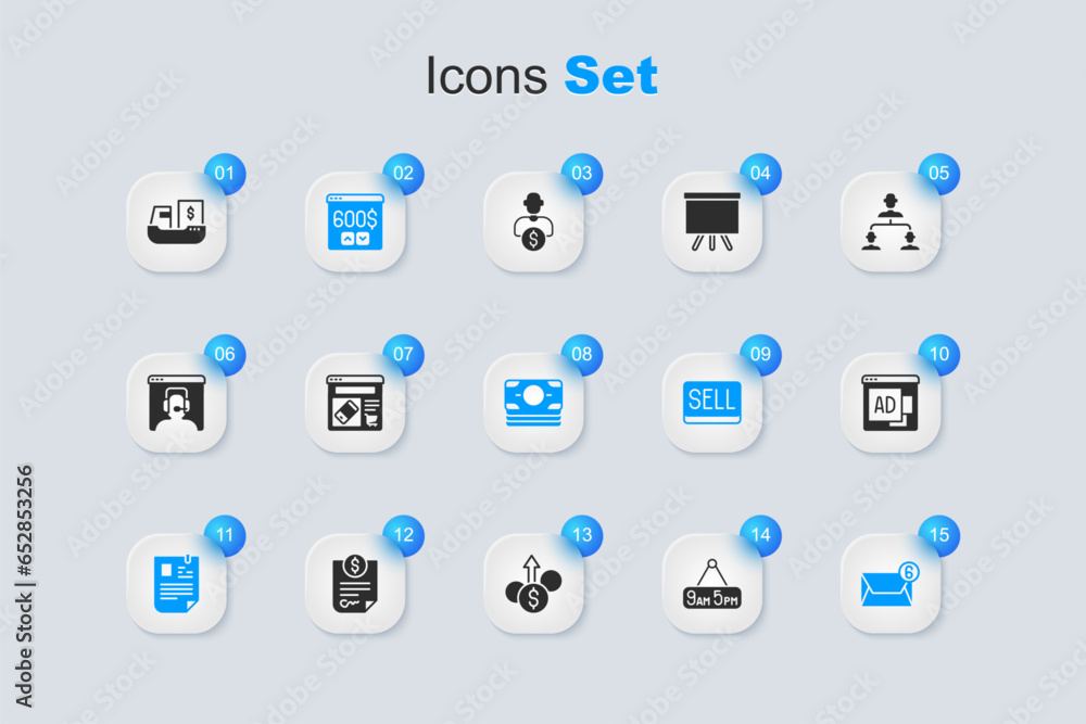 Set From 9 to 5 job, Online shopping on screen, Monitor with dollar, Resume, Mail and e-mail, Advertising, Cargo ship boxes delivery and Stacks paper money cash icon. Vector Set From 9 to 5 job, Online shopping on screen, Monitor with dollar, Resume, Mail and e-mail, Advertising, Cargo ship boxes delivery and Stacks paper money cash icon. Vector