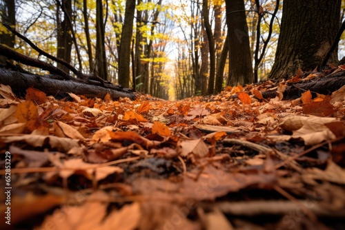 perspective shot of fallen leaves on a forest trail