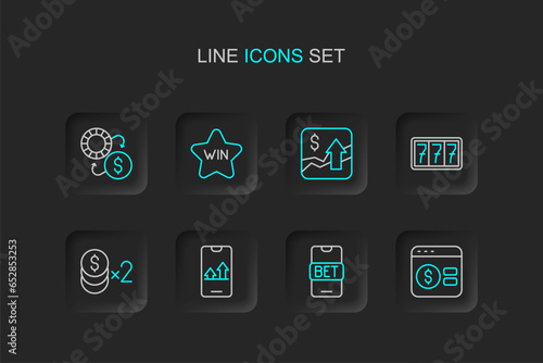 Set line Online poker table game, sports betting, Casino chip with dollar, Slot machine jackpot, Financial growth increase, win and chips exchange icon. Vector