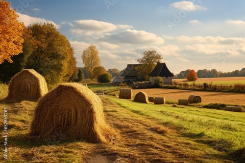 Valokuva a farm with haystacks and ripe cornfields in autumn sunshine