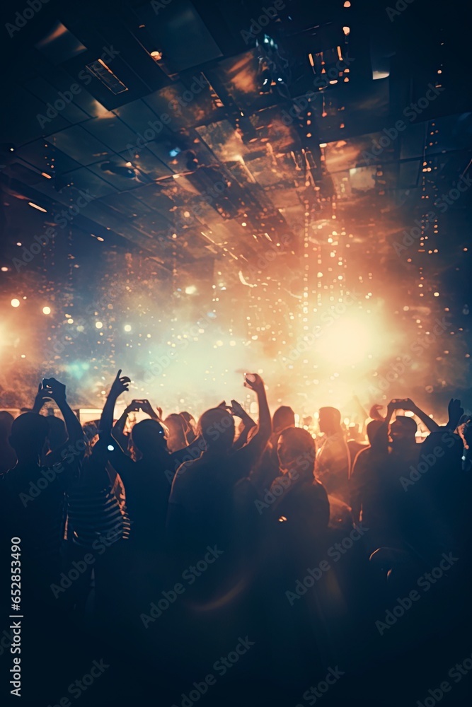 Blurred out nightclub dancing scene background with lots of bokeh and a bright center spotlight and a subtle vignette border. Blurred out nightclub dancing scene background with lots of bokeh and a bright center spotlight and a subtle vignette border.