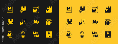Set Carton cardboard box, Cardboard with clock, Delivery cargo truck, traffic symbol, Waybill, measurement, Warehouse interior boxes and Gear package icon. Vector