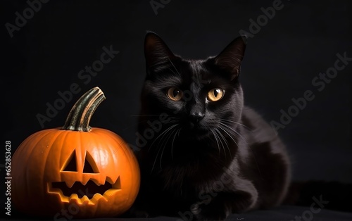 A black cat in a Halloween costume on a background with smoke and a pumpkin © say_hope