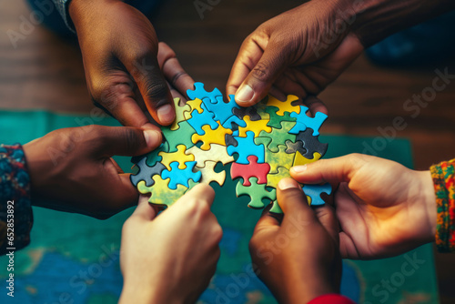 diverse group of hands, each holding a different piece of a puzzle, coming together, on a blurred world map background
