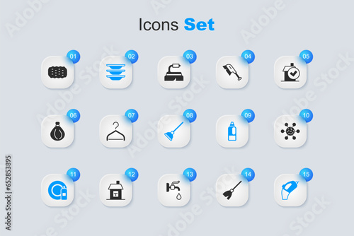 Set Handle broom, Hanger wardrobe, Washing dishes, Dishwashing bottle plate, Portable vacuum cleaner, Bacteria, Sponge and Rubber plunger icon. Vector