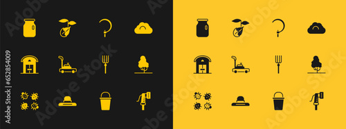 Set Cloudy weather, Farmer worker hat, Garden pitchfork, Bucket, Lawn mower, Sickle, Glass jar with screw-cap and Sprout icon. Vector