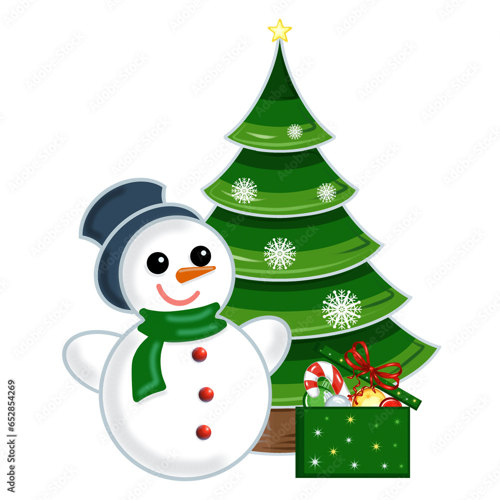 Christmas tree with snowflakes snowman and gift box Digital ...