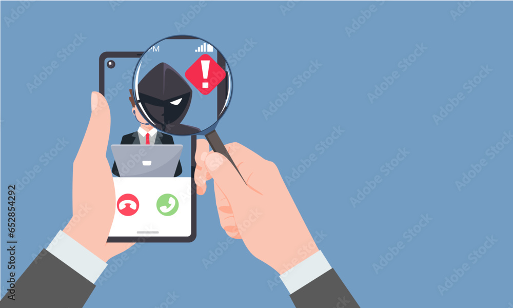 Hand businessman Holding smartphone and check call from unknown or stranger number. Scam, Prank, Fraud, and phishing on a mobile phone. Vector illustration flat design. - obrazy, fototapety, plakaty 