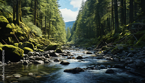 Tranquil scene flowing water  green forest  mountain peak  wilderness adventure generated by AI