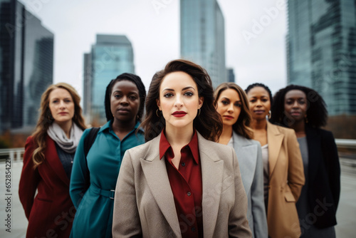 group of diverse women in leadership roles, standing in solidarity, on a flat corporate skyline background