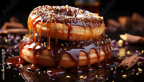 Gourmet chocolate donut, sweet indulgence on a rustic wooden table generated by AI