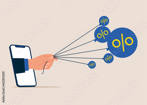 Stop inflation. Hand businessman with phone  tries to pull down many inflation balloons. Vector illustration