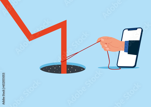 Businessman with phone helping arrow chart falling into a black hole. Economic recession. Flat vector illustration