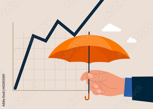 Protection from crisis. Hand businessman holding umbrella protect graph down. Flat vector illustration