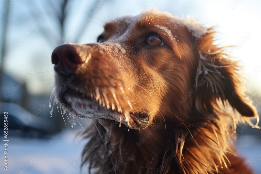 muzzle of a dog with steam in the cold, showing the breath