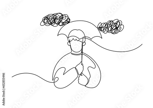 Positive thinking, stress resistance concept. Man protected from clouds by umbrella. Continuous line drawing.