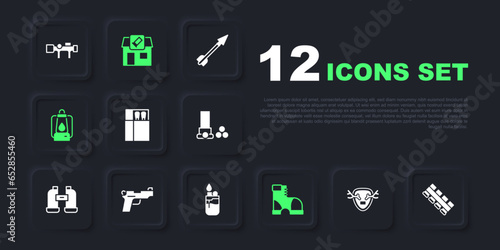 Set Deer antlers on shield, Hunting cartridge belt, Open matchbox and matches, Hunter boots, Camping lantern, Pistol or gun, shop and Lighter icon. Vector