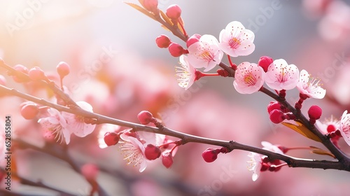 In a close-up view, pink cherry blossoms display a soft bokeh effect. The gentle pink hues and dreamy light represent the arrival of spring and renewal.