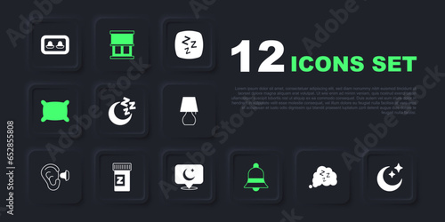Set Sleepy, Moon and stars, Ringing bell, Pillow, Sleeping pill, Window with curtains and icon. Vector