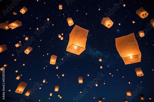 paper lanterns floating in a night sky