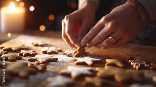 closeup detail of hands making star-shaped Christmas cookies. background with defocused lights. generated with ai