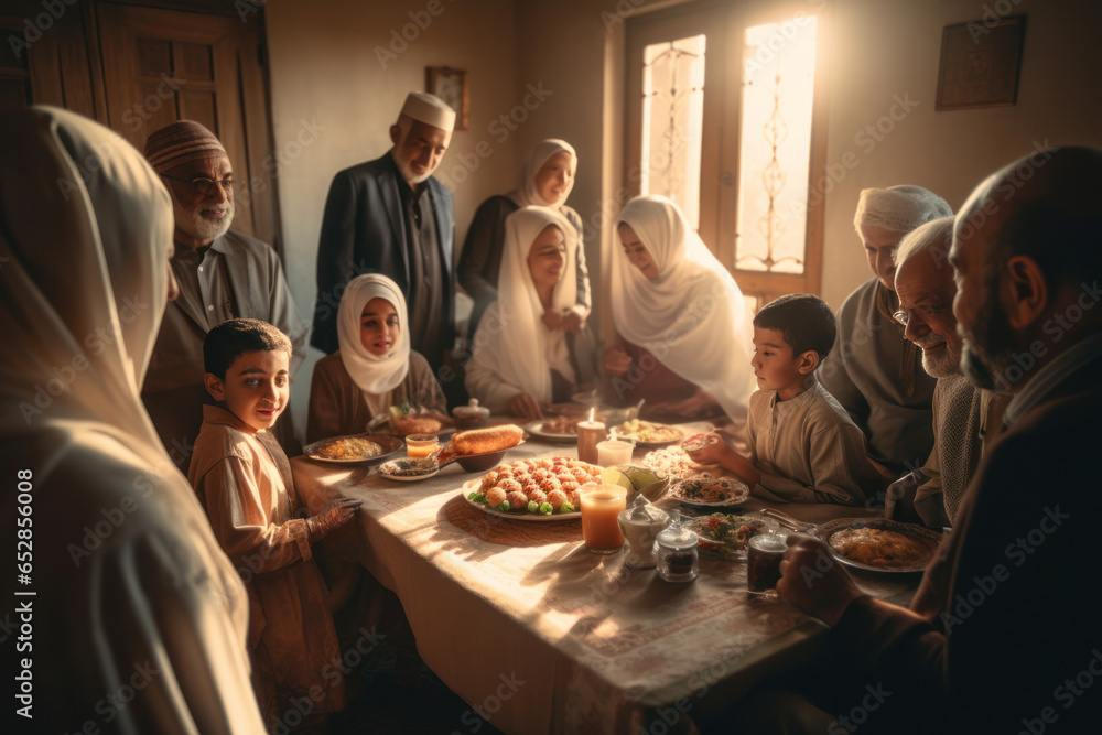 a large family of muslims celebrating ramadan, the festival of the lamb, all united at home, created with AI. a large family of muslims celebrating ramadan, the festival of the lamb, all united at home, created with AI.