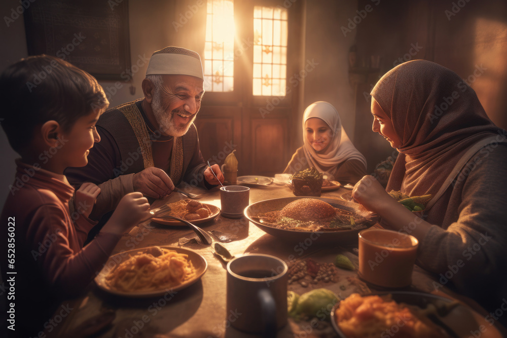 muslim family, from the middle east, celebrate the holiday of ramadan