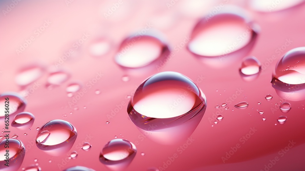 Glistening water droplets on an abstract pink gradient.
