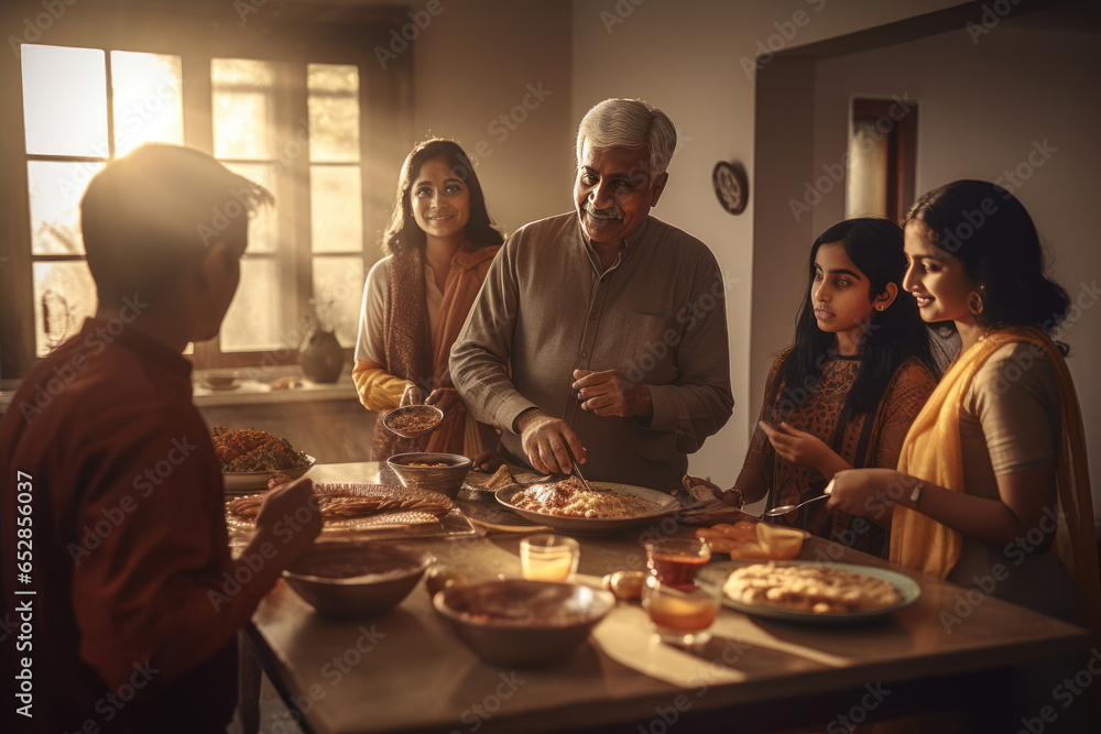 indian family celebrating indian new year. generated with AI. - obrazy, fototapety, plakaty 