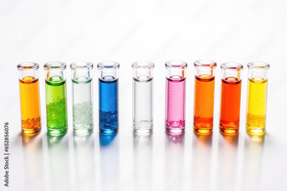close up shot of colorful vials on a white background