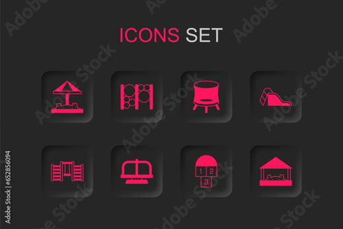 Set Attraction carousel, Playground climbing equipment, Sandbox with sand, Hopscotch, Slide playground, Jumping trampoline and Swedish wall icon. Vector