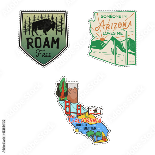 Camping Adventures badges big set designs with mountains, California. Travel logo graphics. Stock vector retro camp labels