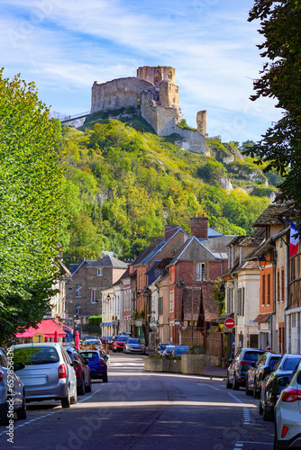 Tableau sur toile Timbered houses in the Norman town of Les Andelys, overlooked by the ruins of Ch