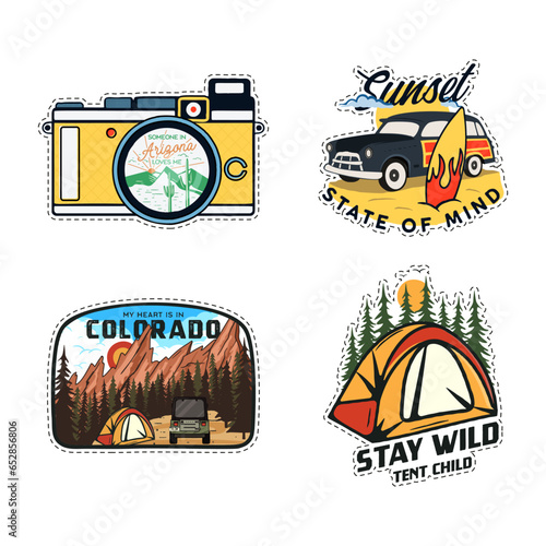 Camping Adventures badges big set designs with mountains, camper car, Colorado state. Travel logo graphics. Stock vector retro camp labels