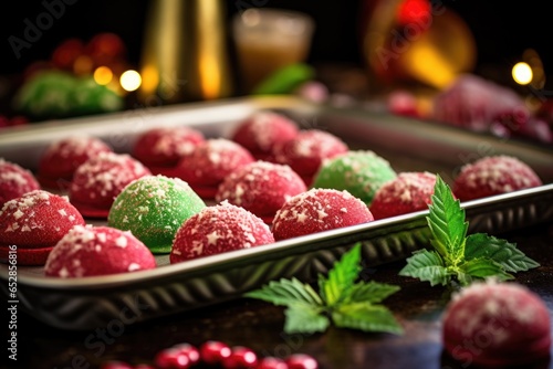 christmas cookies with red and green frosting on a tray