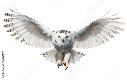 Stunning Snowy Owl White Bird is Flying Isolated on Transparent Background PNG. Generative AI