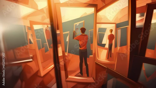 A character stuck in a house of mirrors, depicting their struggle with distorted selfperception. Psychology animation photo