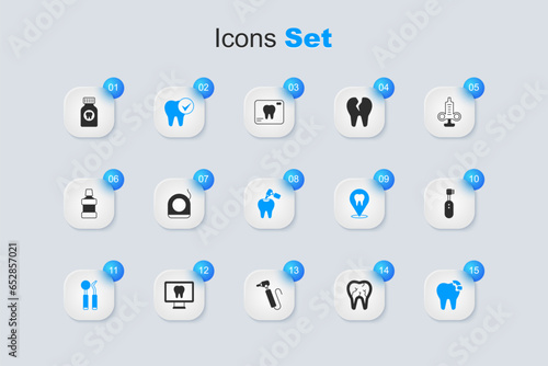 Set Broken tooth, Dental floss, Tooth, mirror and probe, Electric toothbrush, Toothache painkiller tablet and with caries drill icon. Vector