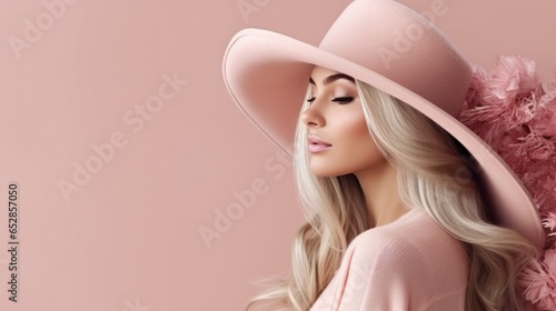 Portrait of attractive woman with long blond hair wearing a pink hat against pink background.