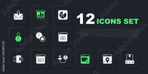 Set Infographic of city map, Consumer product rating, Time management, Advertising, Financial growth dollar, SEO optimization, Board with chart and Human and money icon. Vector