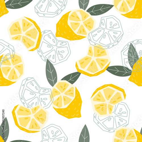 Lemon seamless pattern for summer vibes and textile designs, flat vector illustration on white background. Lemon repeated pattern can be used for wallpapers, textiles or digital backgrounds.