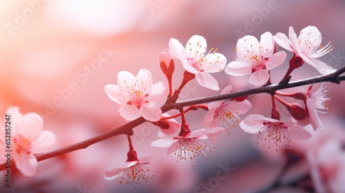 Pink cherry blossoms in close-up  featuring a soft bokeh effect. The gentle pinks and dreamy light evoke feelings of spring and renewal.
