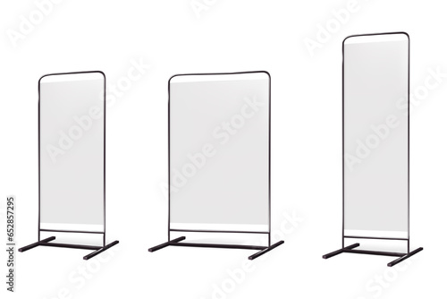 Floor display stand vector mockup set. Blank white trade show sign realistic mock-up. Template for design