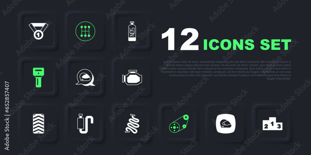 Set Racing helmet, Award over sports winner podium, Timing belt kit, Car key with remote, muffler, Gear shifter and track icon. Vector Set Racing helmet, Award over sports winner podium, Timing belt kit, Car key with remote, muffler, Gear shifter and track icon. Vector