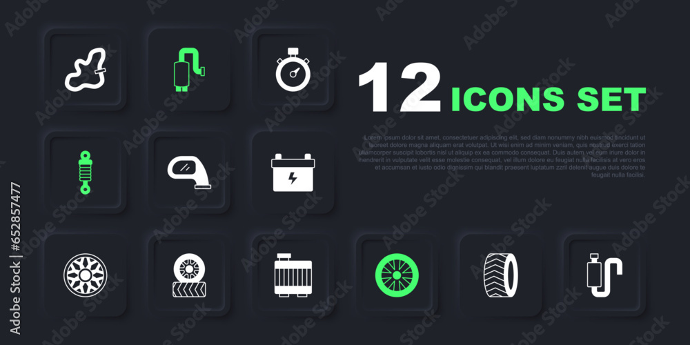 Set Car tire wheel, muffler, mirror, Alloy for car, Shock absorber, and radiator cooling system icon. Vector Set Car tire wheel, muffler, mirror, Alloy for car, Shock absorber, and radiator cooling system icon. Vector