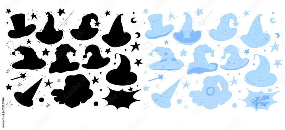 Fototapeta premium Halloween hats autumn holiday set coloring drawn by hand separately on a white background elements orange and purple colors magic