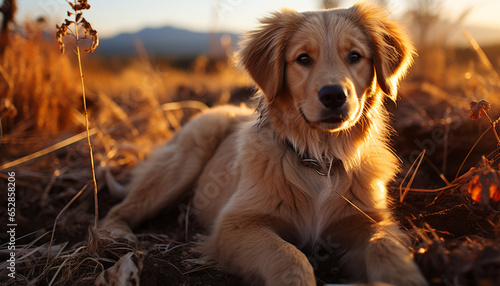 A cute puppy sitting in the grass, looking at the sunset generated by AI