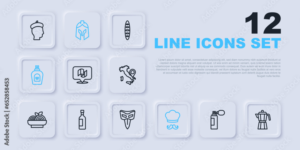 Set line Perfume, Coffee maker moca pot, Flag Italy, Italian cook, Bottle wine, Roman army helmet and Carnival mask icon. Vector Set line Perfume, Coffee maker moca pot, Flag Italy, Italian cook, Bottle wine, Roman army helmet and Carnival mask icon. Vector