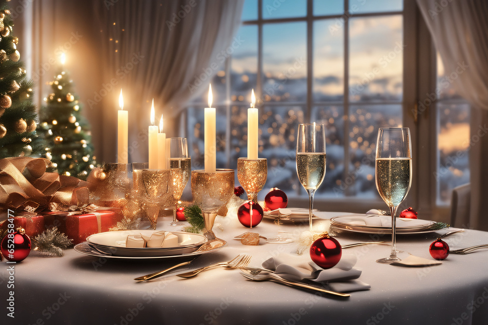  Festive table setting for Christmas. Generative AI 