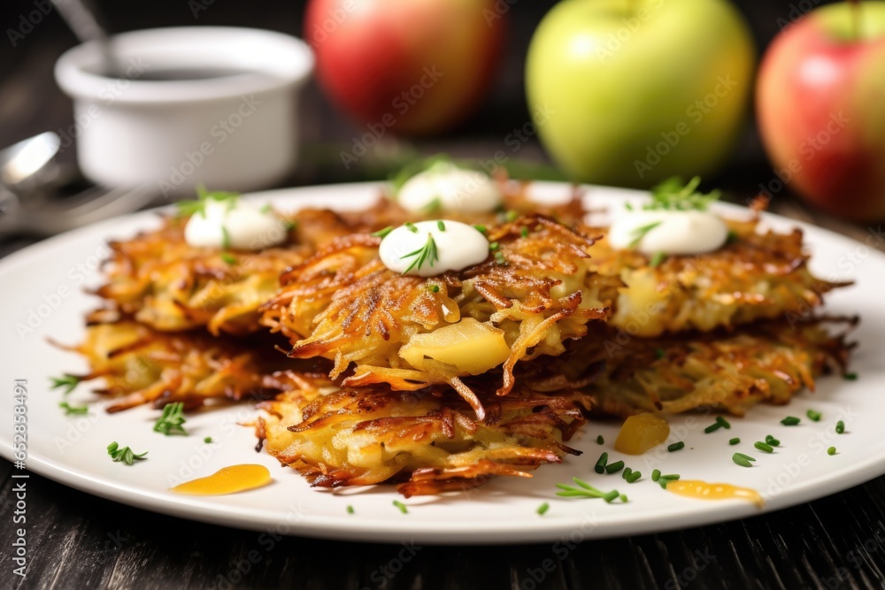 homemade latkes with apple sauce on a white plate